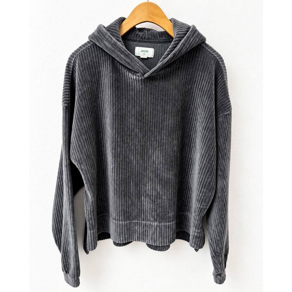 Aerie Y2K Velour Hoodie Small Charcoal Ribbed Oversized Cozy Lounge - Picture 2 of 9